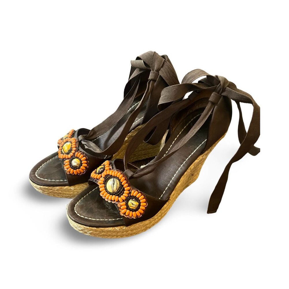 J VINCENT Beaded Brown Open Toe Platform Espadrille Woven Jute Wedge Sz 6